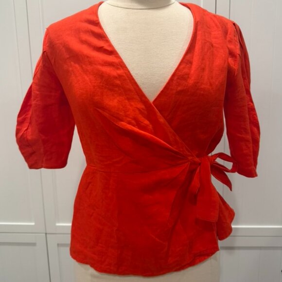 Zara Tops - Zara Red Linen Wrap Top V Neck Short Sleeve Blouse (S)